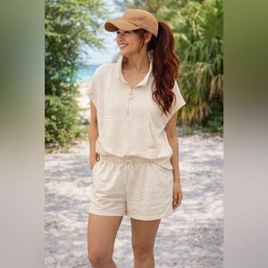 Cream Half-Zip Pullover and Shorts Set